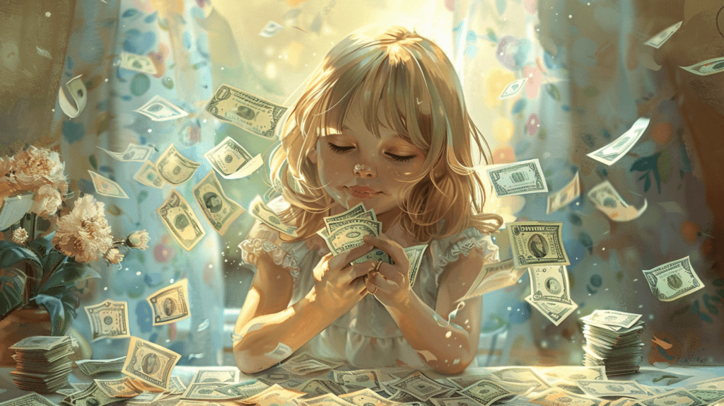 お金を数える金髪の女の子